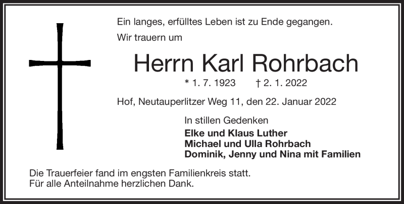  Traueranzeige für Karl Rohrbach vom 22.01.2022 aus Frankenpost