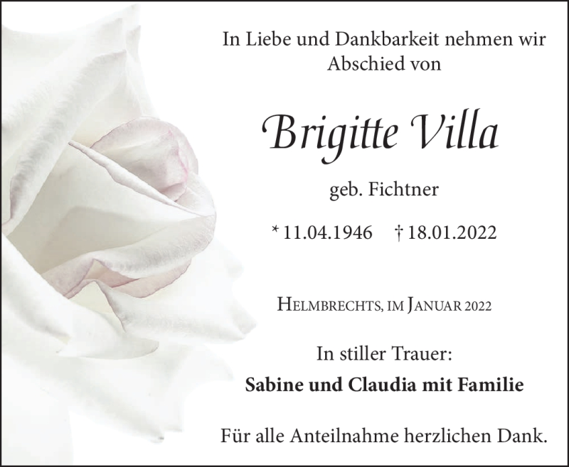  Traueranzeige für Brigitte Villa vom 22.01.2022 aus Frankenpost