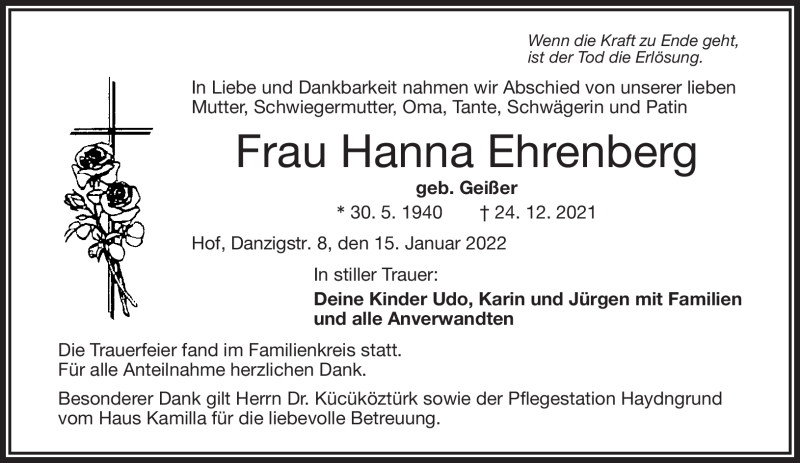  Traueranzeige für Hanna Ehrenberg vom 15.01.2022 aus Frankenpost