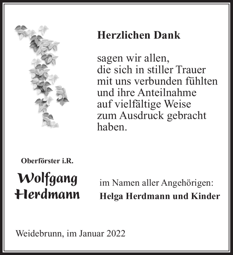  Traueranzeige für Wolfgang Hermann vom 15.01.2022 aus Südthüringer Presse