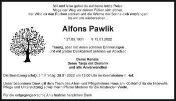 Traueranzeige von Alfons Pawlik von Frankenpost