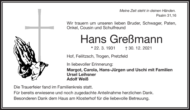  Traueranzeige für Hans Greßmann vom 15.01.2022 aus Frankenpost