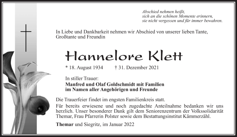  Traueranzeige für Hannelore Klett vom 15.01.2022 aus Südthüringer Presse