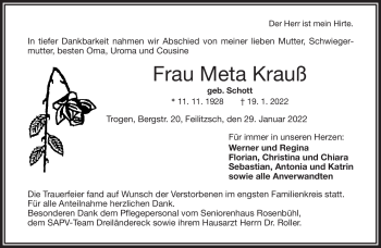 Traueranzeige von Meta Krauß von Frankenpost