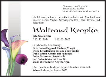 Traueranzeige von Waltraud Kropke von Südthüringer Presse