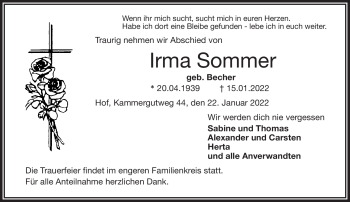 Traueranzeige von Irma Sommer von Frankenpost
