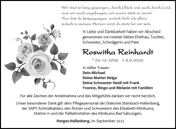Traueranzeige von Roswitha Reinhardt von Südthüringer Presse
