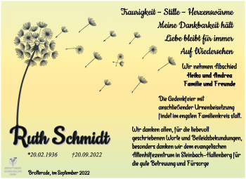 Traueranzeige von Ruth Schmidt von Südthüringer Presse