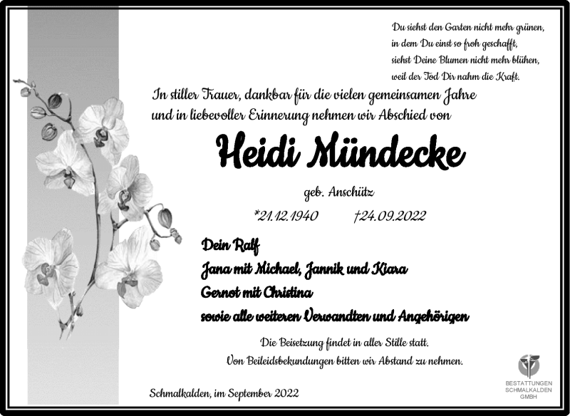  Traueranzeige für Heidi Mündecke vom 01.10.2022 aus Südthüringer Presse