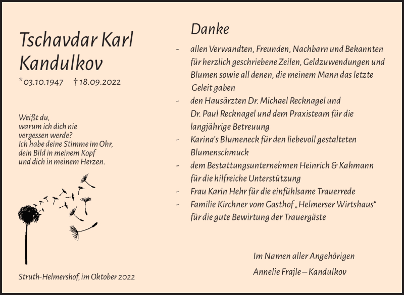  Traueranzeige für Tschavdar Karl Kandulkov vom 08.10.2022 aus Südthüringer Presse