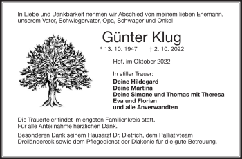 Traueranzeige von Günter Klug von Frankenpost