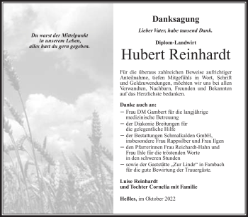 Traueranzeige von Hubert Reinhardt von Südthüringer Presse
