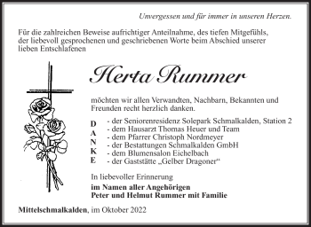 Traueranzeige von Herta Rummer von Südthüringer Presse