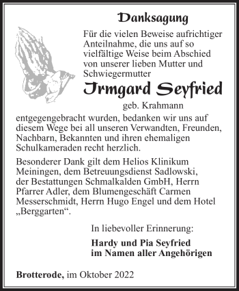 Traueranzeige von Irmgard Seyfried von Südthüringer Presse