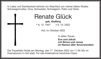 Traueranzeige von Renate Glück von Frankenpost