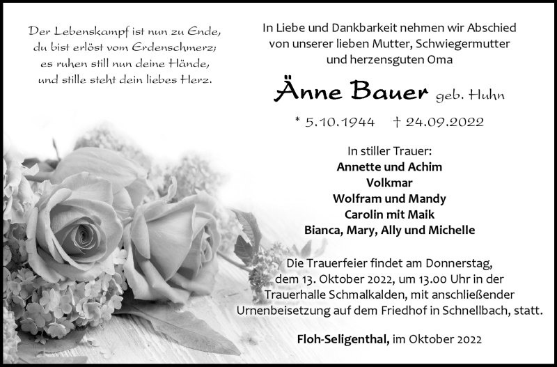  Traueranzeige für Änne Bauer vom 08.10.2022 aus Südthüringer Presse