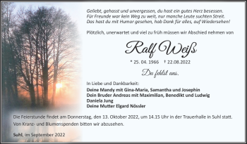 Traueranzeige von Ralf Weiß von Südthüringer Presse
