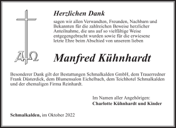 Traueranzeige von Manfred Kühnhardt von Südthüringer Presse