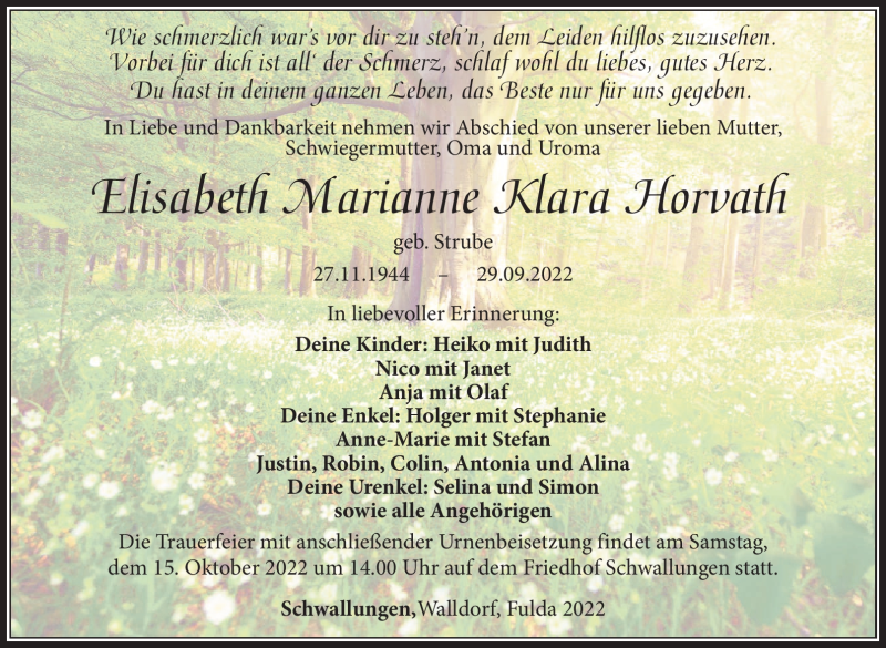  Traueranzeige für Elisabeth Horvath vom 08.10.2022 aus Südthüringer Presse
