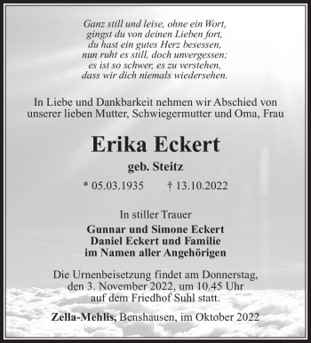 Traueranzeige von Erika Eckert von Südthüringer Presse