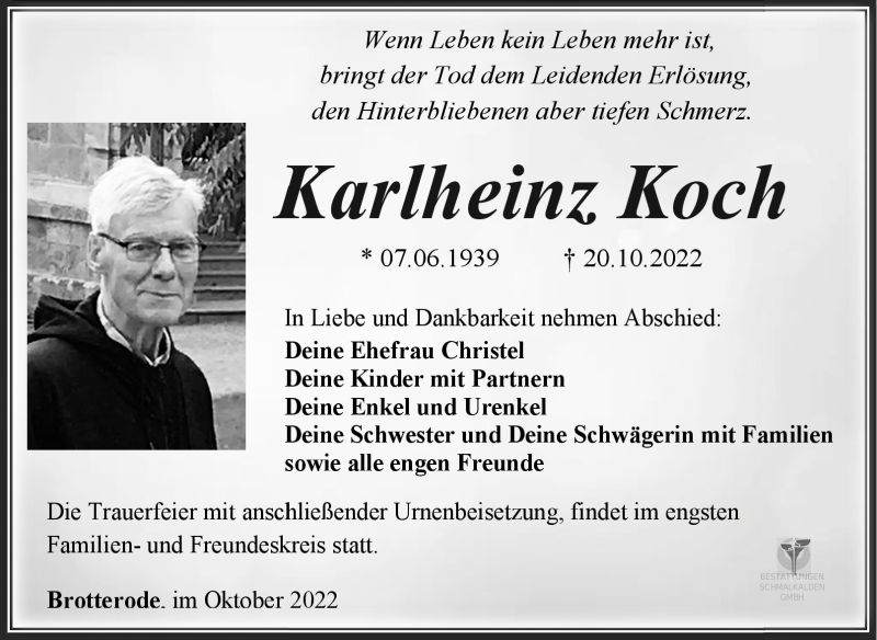  Traueranzeige für Karlheinz Koch vom 26.10.2022 aus Südthüringer Presse