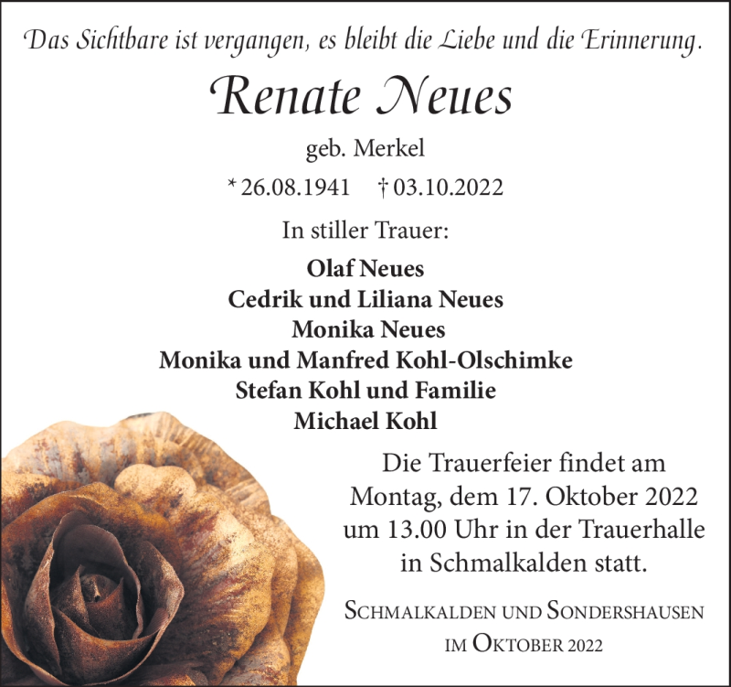  Traueranzeige für Renate Neues vom 08.10.2022 aus Südthüringer Presse