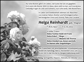 Traueranzeige von Helga Reinhardt von Südthüringer Presse