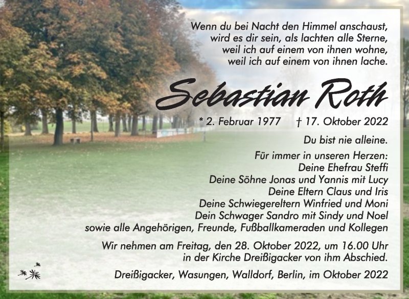  Traueranzeige für Sebastian Roth vom 22.10.2022 aus Südthüringer Presse