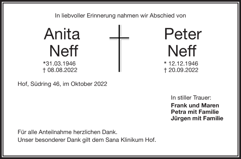  Traueranzeige für AnitaPeter NeffNeff vom 08.10.2022 aus Frankenpost