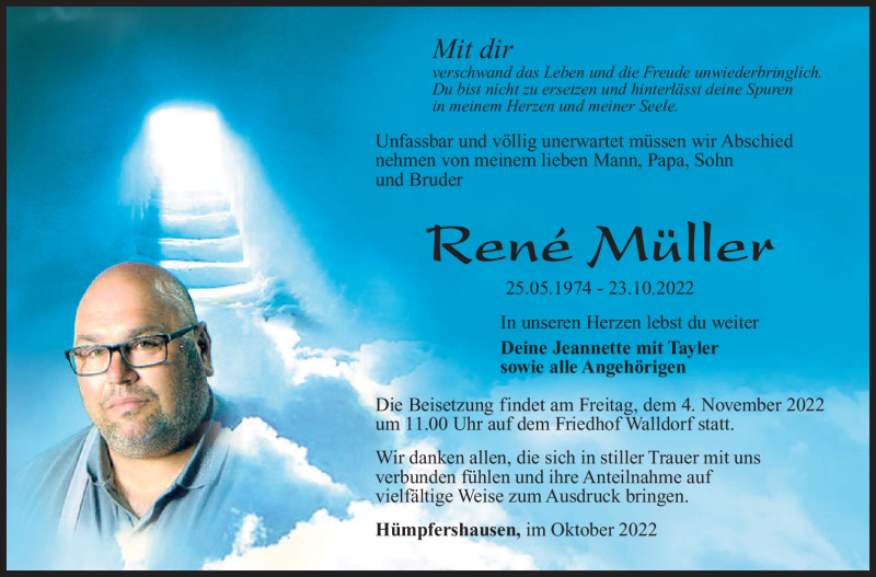  Traueranzeige für René Müller vom 29.10.2022 aus Südthüringer Presse