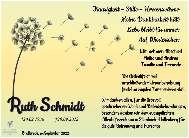  Traueranzeige für Ruth Schmidt vom 08.10.2022 aus Südthüringer Presse