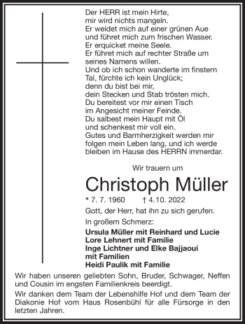 Traueranzeige von Christoph Müller von Frankenpost