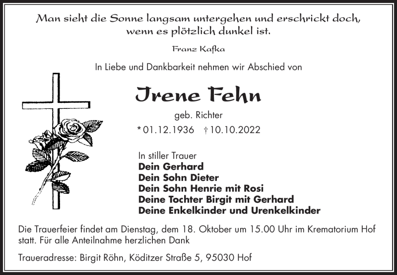  Traueranzeige für Irene Fehn vom 15.10.2022 aus Frankenpost