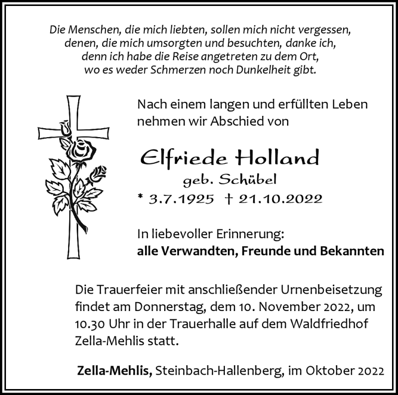  Traueranzeige für Elfriede Holland vom 29.10.2022 aus Südthüringer Presse