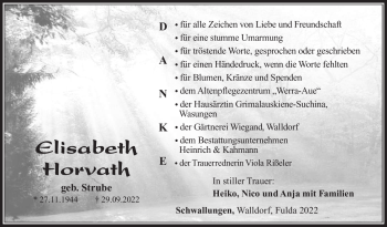 Traueranzeige von Elisabeth Horvath von Südthüringer Presse