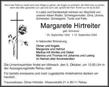 Traueranzeige von Margarete Hirtreiter von Frankenpost