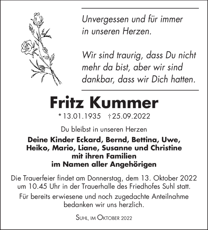  Traueranzeige für Fritz Kummer vom 08.10.2022 aus Südthüringer Presse
