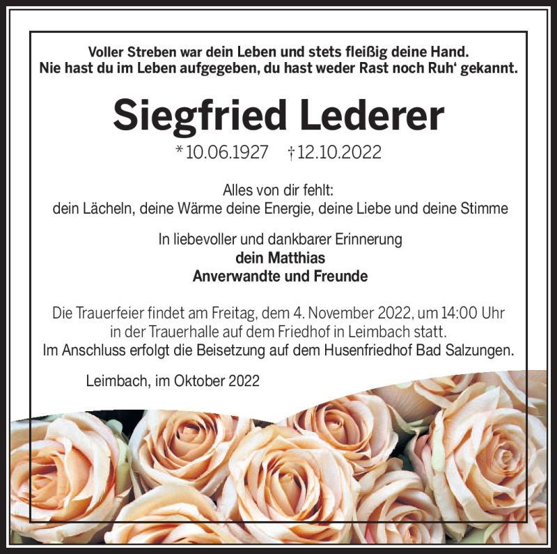  Traueranzeige für Siegfried Lederer vom 29.10.2022 aus Südthüringer Presse
