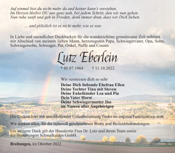 Traueranzeige von Lutz Eberlein von Südthüringer Presse