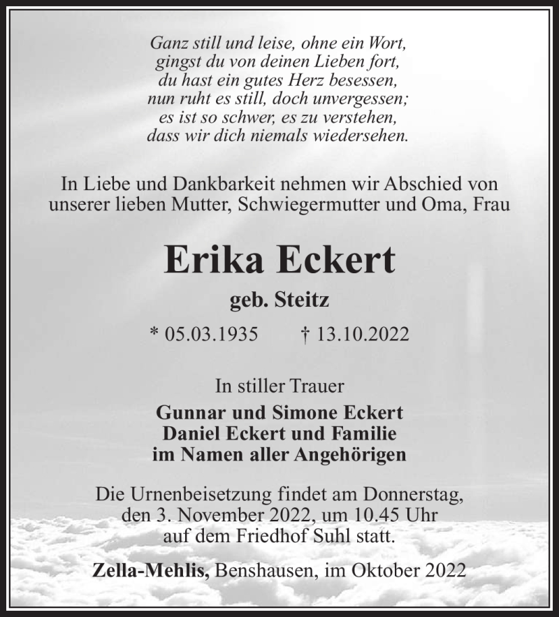  Traueranzeige für Erika Eckert vom 22.10.2022 aus Südthüringer Presse