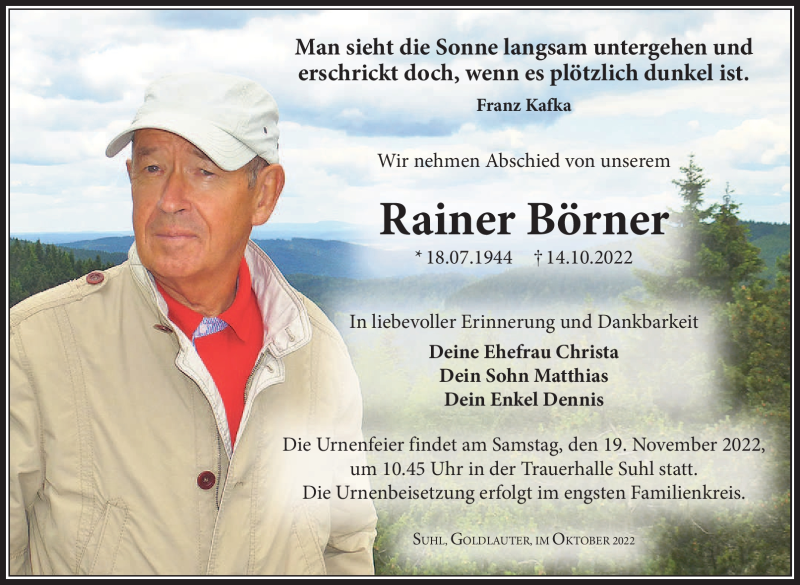  Traueranzeige für Rainer Börner vom 22.10.2022 aus Südthüringer Presse