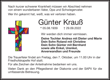 Traueranzeige von Günter Krauß von Frankenpost