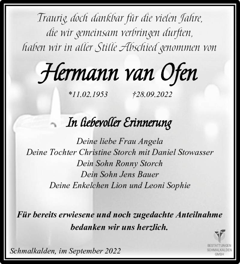  Traueranzeige für Hermann van Ofen vom 08.10.2022 aus Südthüringer Presse