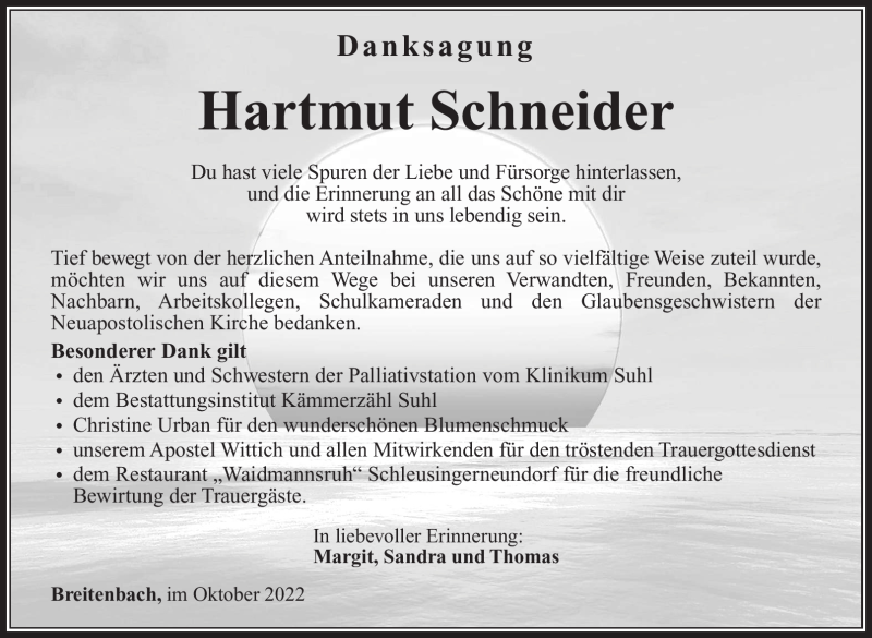  Traueranzeige für Hartmut Schneider vom 22.10.2022 aus Südthüringer Presse