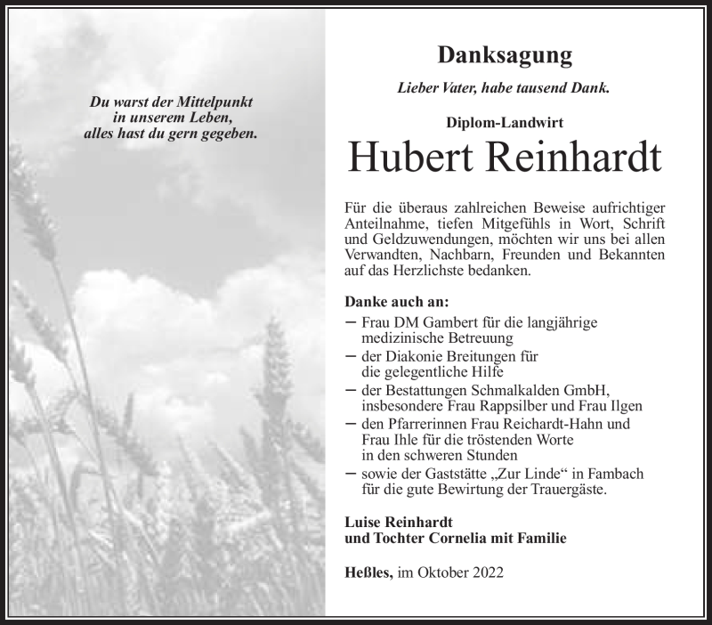  Traueranzeige für Hubert Reinhardt vom 22.10.2022 aus Südthüringer Presse