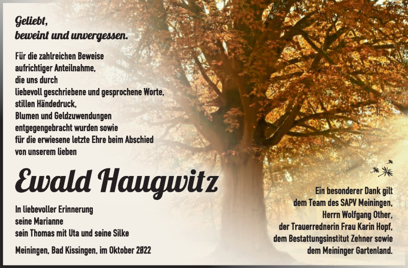  Traueranzeige für Ewald Haugwitz vom 15.10.2022 aus Südthüringer Presse