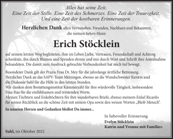 Traueranzeige von Erich Stöcklein von Südthüringer Presse