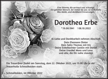 Traueranzeige von Dorothea Erbe von Südthüringer Presse