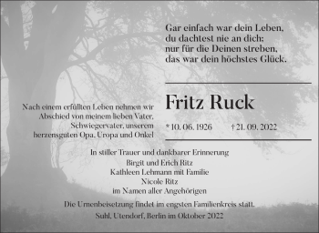 Traueranzeige von Ritz Ruck von Südthüringer Presse