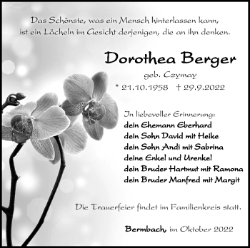 Traueranzeige von Dorothea Berger von Südthüringer Presse